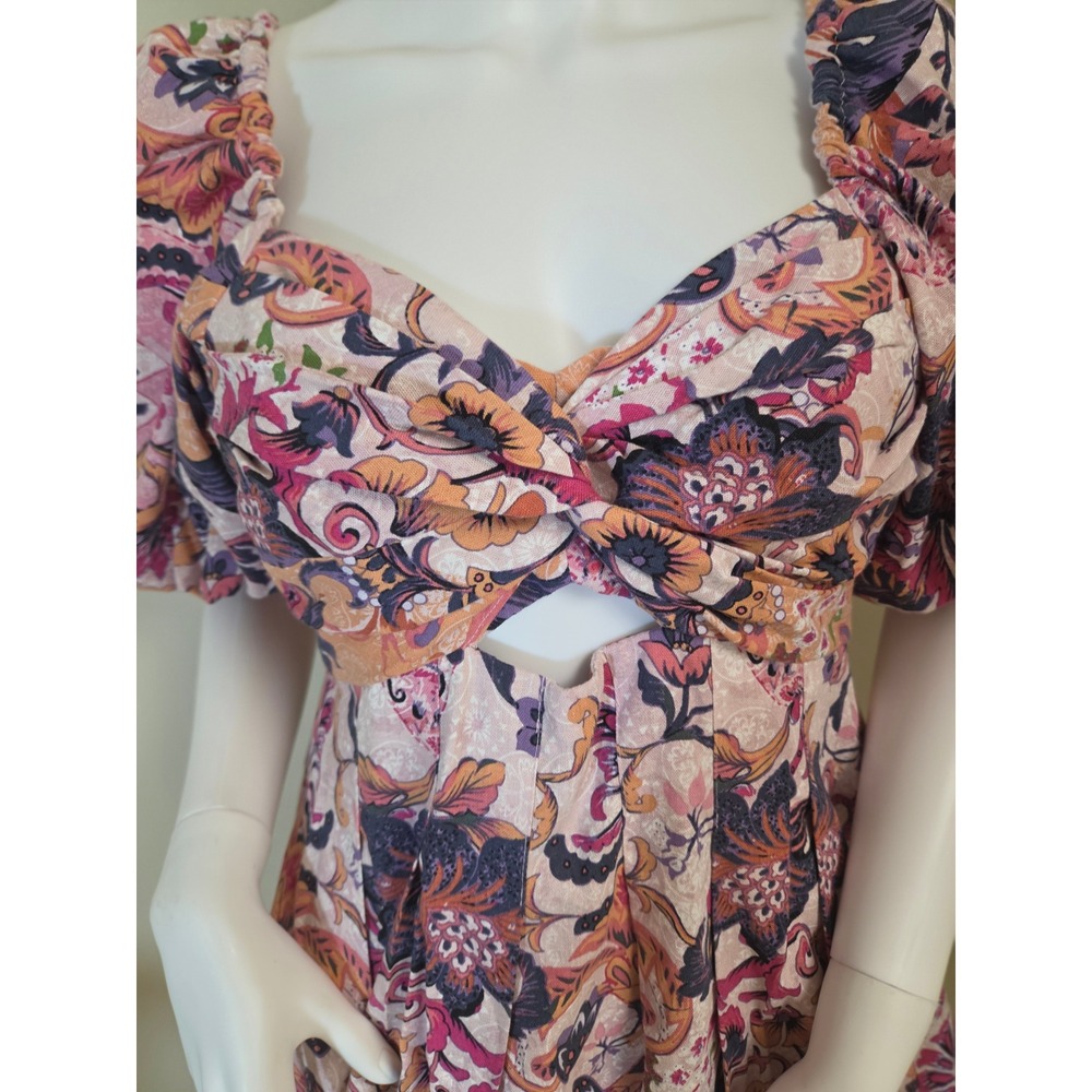 House of Harlow 1960 Pink Paisley Linen Blend Cutout Puff Sleeve Mini Dress 6 - Picture 6 of 14